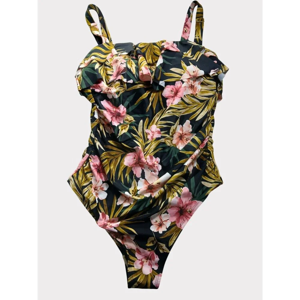 Kona Sol 16W Black Green Pink Floral Ruffle Front One Piece Swimsuit 16W Plus - Picture 4 of 13